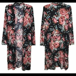 Torrid Black Floral Studio‎ Knit Open Front Longline Cardigan 0